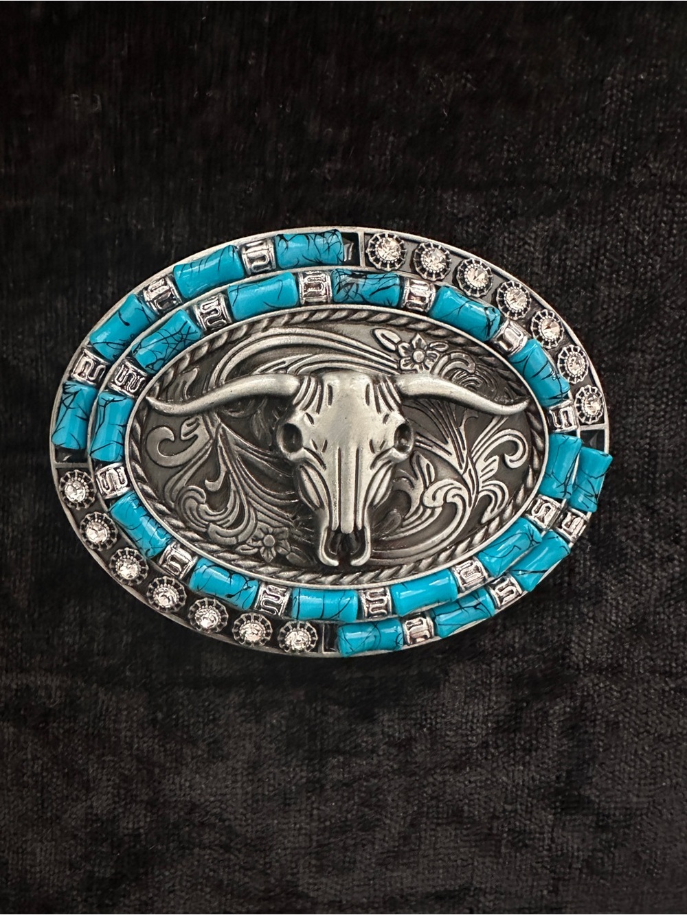 Turquoise and Silver Longhorn Skull Decorative Buckle Accent